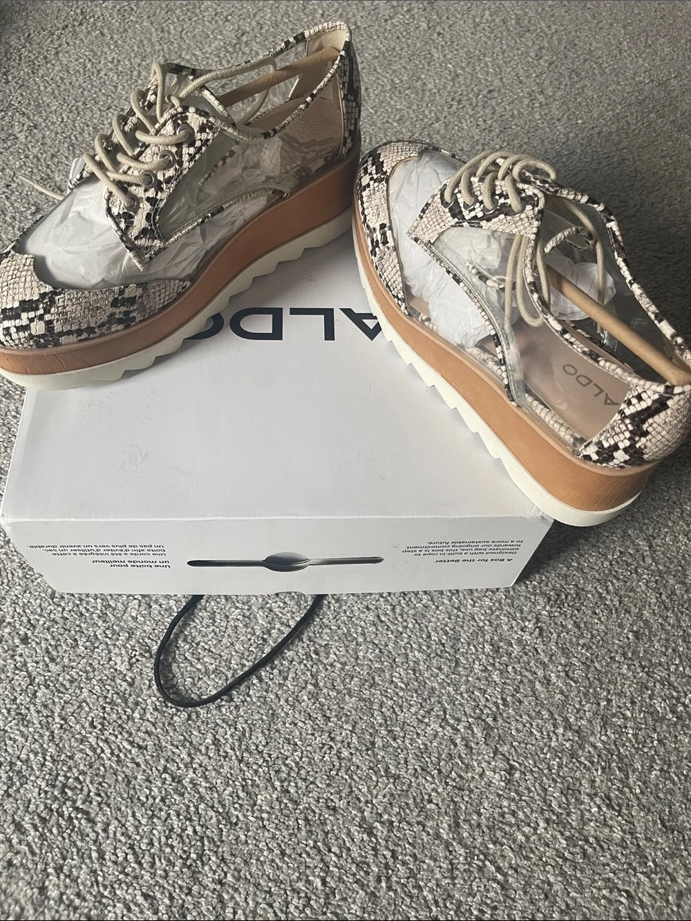 Aldo Beige Snake-Print Platform Oxfords with Clear Panels
